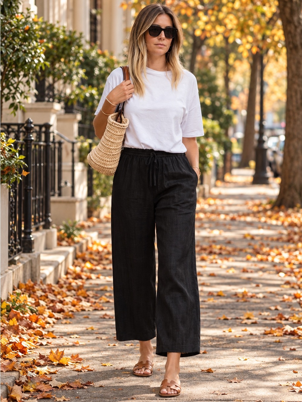 100% linen J Crew wide leg pants black casual drawstring waist